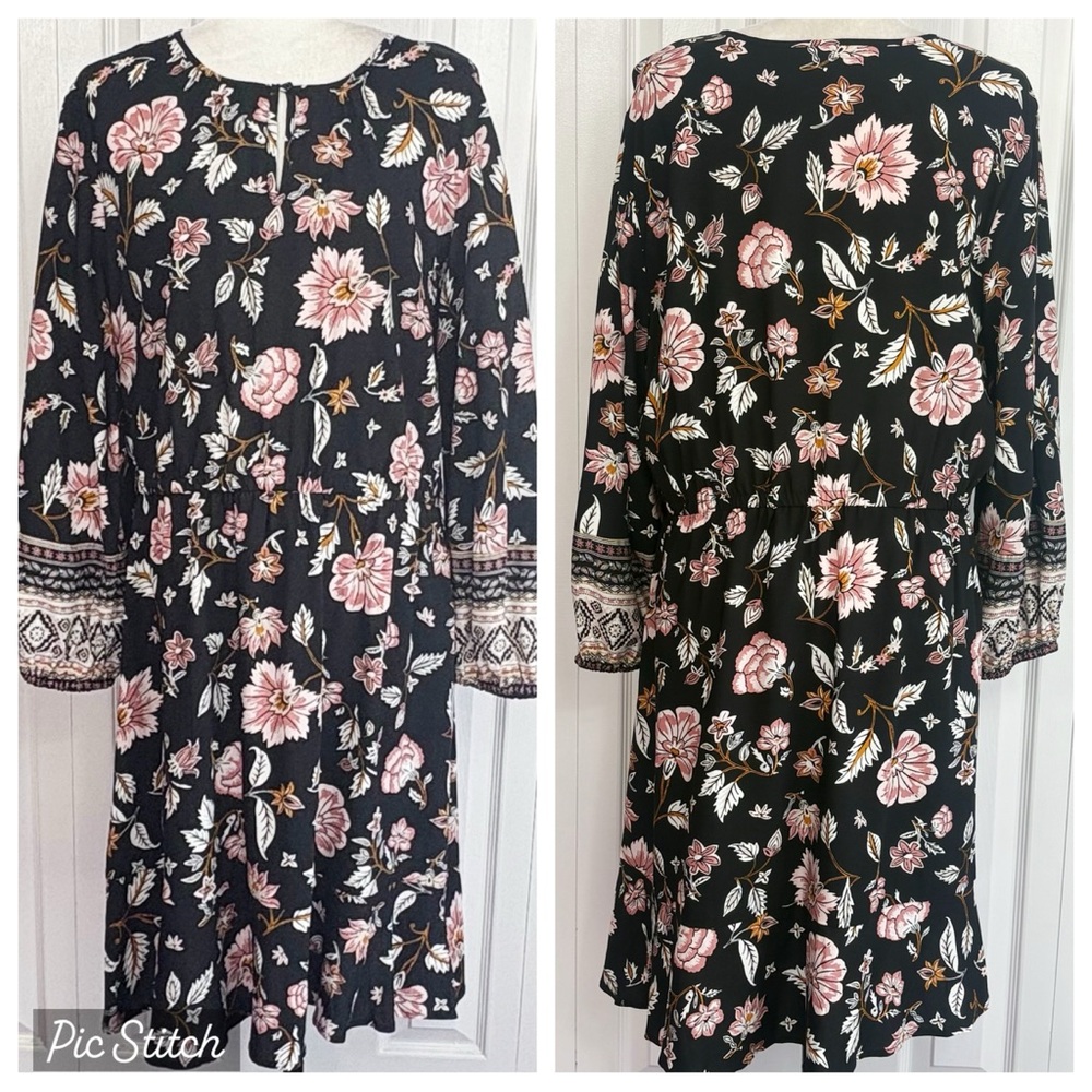 NWT Old Navy Black Floral Multi Boho Keyhole Long Sleeve Dress XL